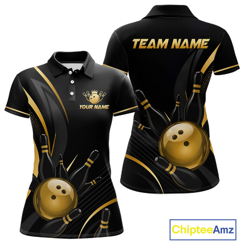 Black and gold bowling-themed polo shirt with customizable text on a white background