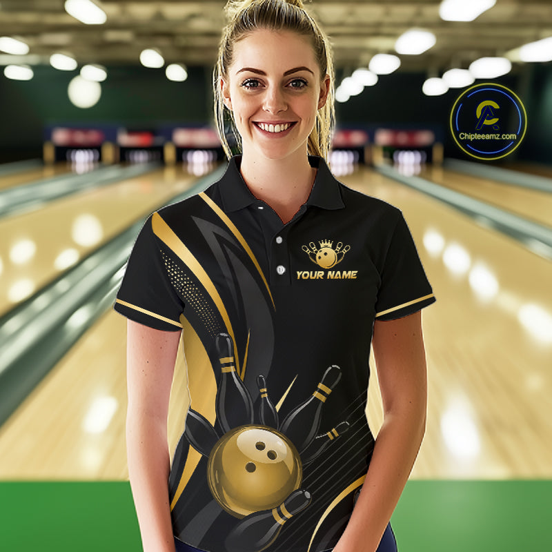Woman wearing a personalized bowling shirt in a bowling alley