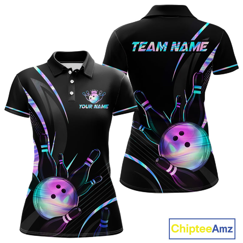 Black bowling-themed polo shirt with colorful design and 'Team Name' text on a white background.