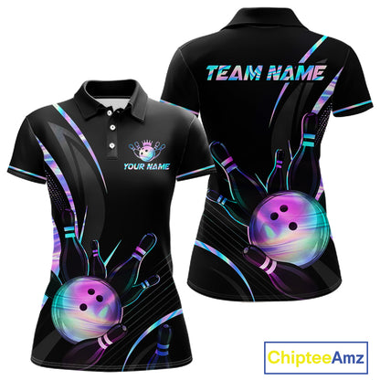 Black bowling-themed polo shirt with colorful design and 'Team Name' text on a white background.