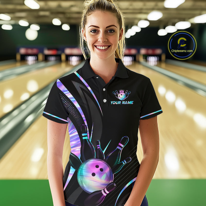 Woman wearing a custom bowling shirt with a logo and text in a bowling alley.