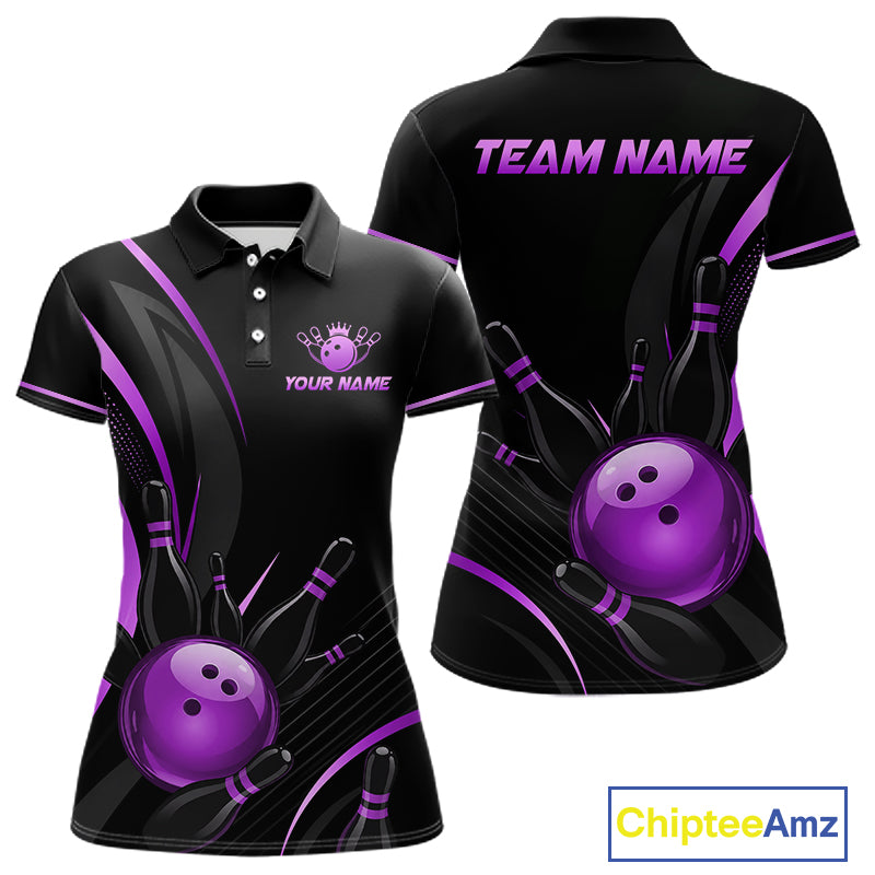 Black and purple bowling-themed polo shirt with customizable text, Chiptee Amz branding visible.