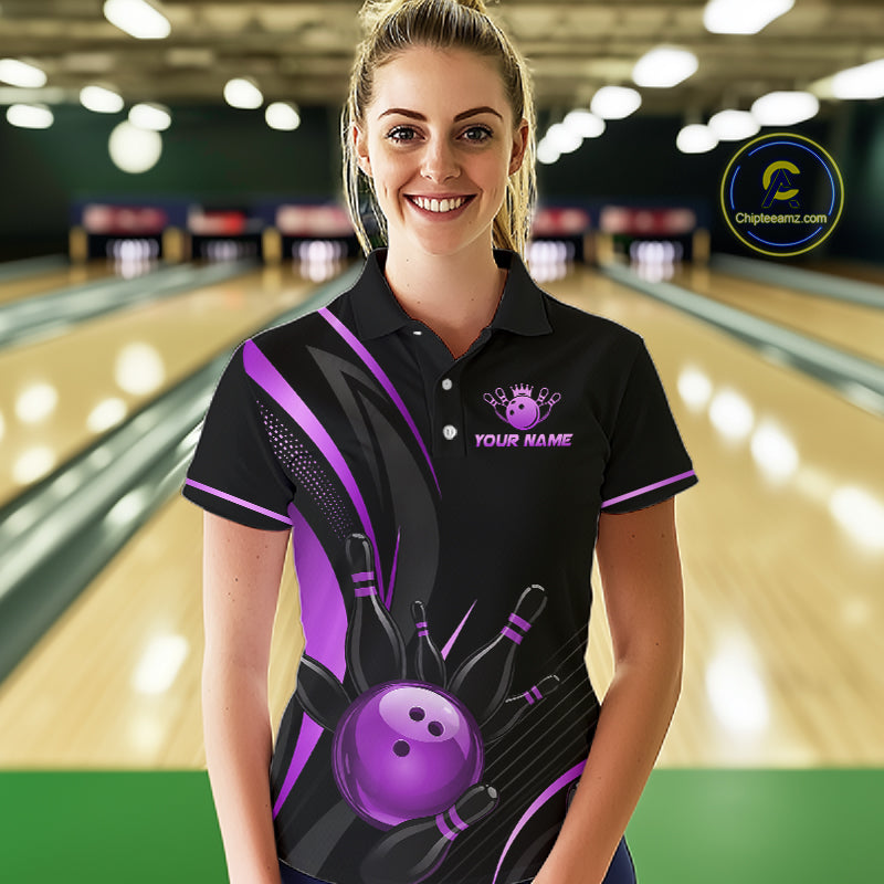 Woman wearing a personalized bowling shirt with a purple bowling ball design in a bowling alley.