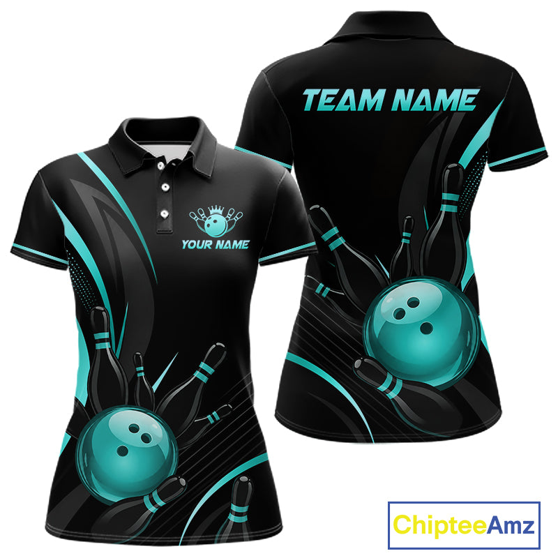 Black and teal bowling-themed polo shirt with customizable text, front and back views.