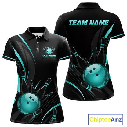 Black and teal bowling-themed polo shirt with customizable text, front and back views.