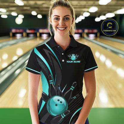 Woman wearing a personalized bowling shirt in a bowling alley