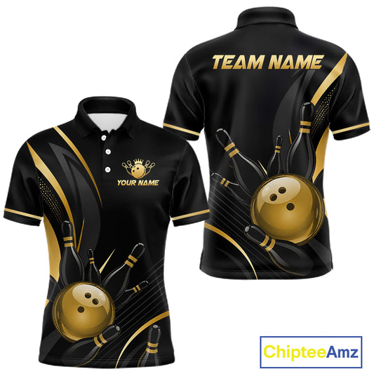 Black and gold bowling-themed polo shirt with customizable text on a white background