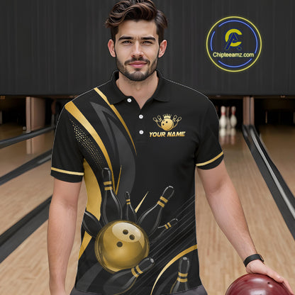 Man wearing a black and gold bowling-themed shirt with a personalized name on a bowling alley background.