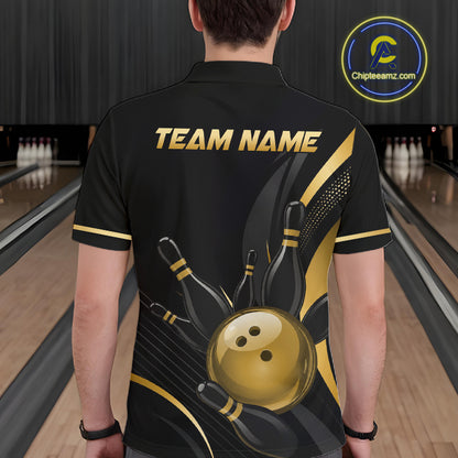 Person wearing a black and gold bowling shirt with 'TEAM NAME' text in a bowling alley.