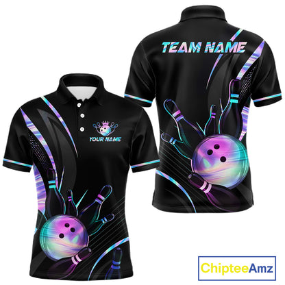 Custom Black and Holographic Bowling Jersey for Men Bowling Team Shirts Bowling League HNT395