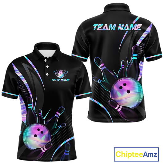 Custom Black and Holographic Bowling Jersey for Men Bowling Team Shirts Bowling League HNT395