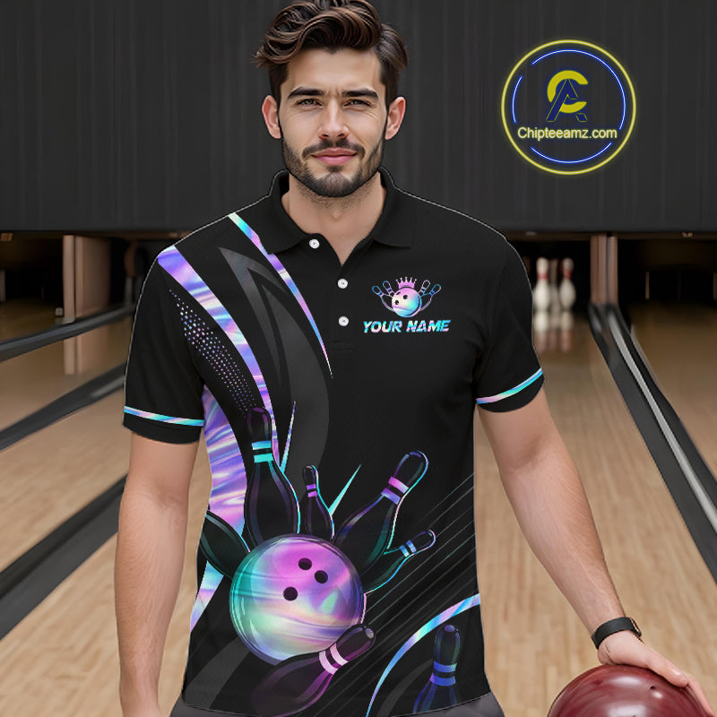 Custom Black and Holographic Bowling Jersey for Men Bowling Team Shirts Bowling League HNT395