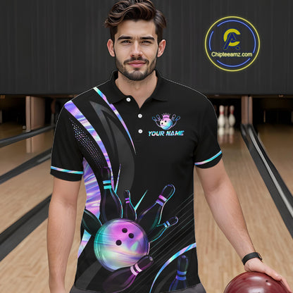 Custom Black and Holographic Bowling Jersey for Men Bowling Team Shirts Bowling League HNT395