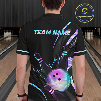 Custom Black and Holographic Bowling Jersey for Men Bowling Team Shirts Bowling League HNT395