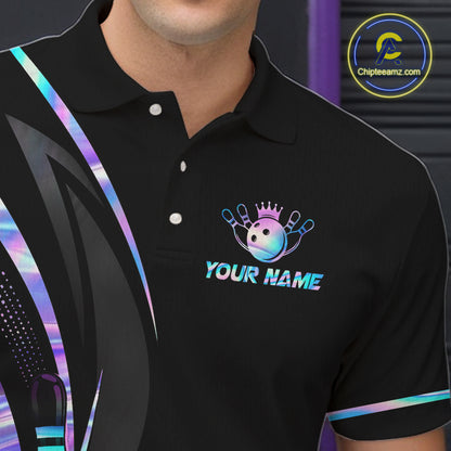 Custom Black and Holographic Bowling Jersey for Men Bowling Team Shirts Bowling League HNT395