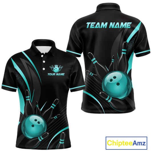 Black and teal bowling-themed polo shirt with customizable text on a white background