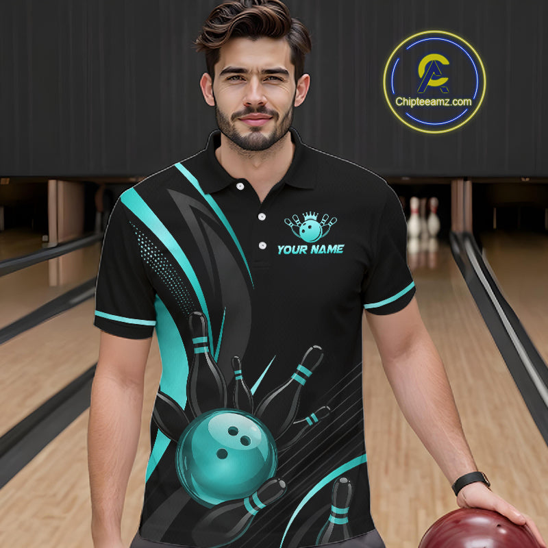 Man wearing a black and teal bowling-themed shirt with a bowling alley in the background