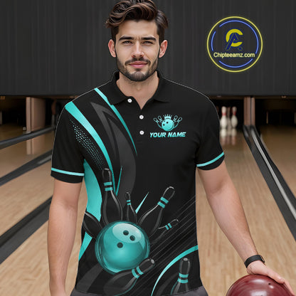 Man wearing a black and teal bowling-themed shirt with a bowling alley in the background