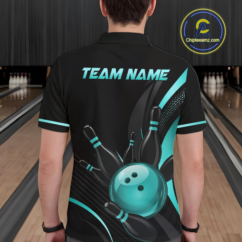 Person wearing a black bowling shirt with teal accents and 'TEAM NAME' text in a bowling alley.