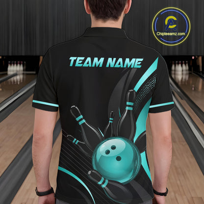 Person wearing a black bowling shirt with teal accents and 'TEAM NAME' text in a bowling alley.