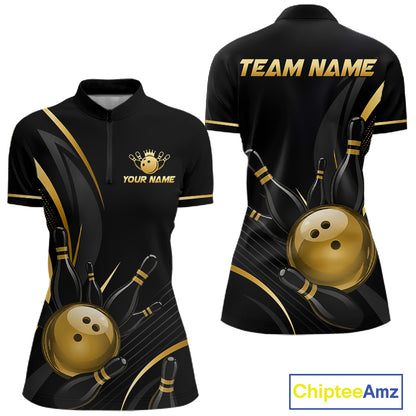 Black and gold bowling jersey with customizable text on a white background