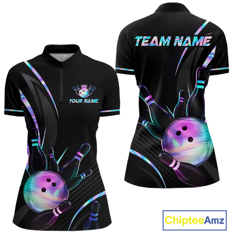 Black bowling team shirt with colorful designs and customizable text on a white background