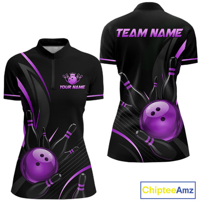 Black and purple bowling jersey with 'Team Name' and 'Your Name' text on a white background.