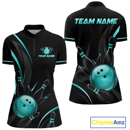 Black and teal bowling team shirt with customizable text on a white background
