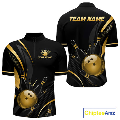 Black and gold bowling jersey with customizable text on a white background