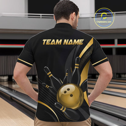 Person wearing a black bowling shirt with gold graphics and 'TEAM NAME' text at a bowling alley.