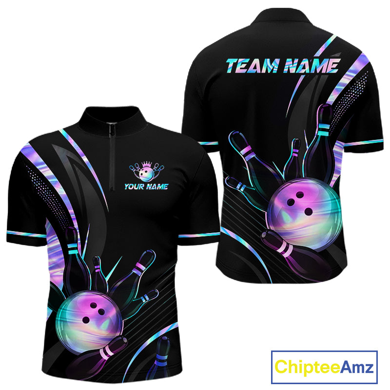 Custom Black and Holographic Bowling Jersey for Men Bowling Team Shirts Bowling League HNT395