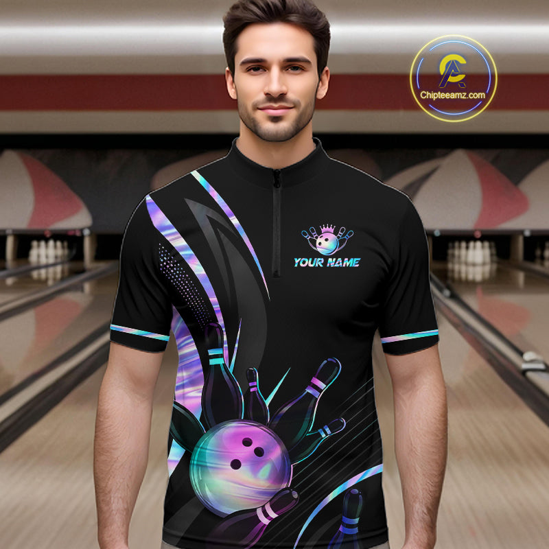 Custom Black and Holographic Bowling Jersey for Men Bowling Team Shirts Bowling League HNT395