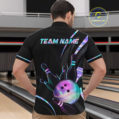 Custom Black and Holographic Bowling Jersey for Men Bowling Team Shirts Bowling League HNT395