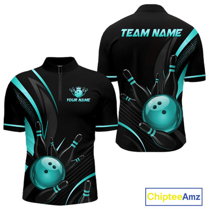 Black bowling jersey with teal accents and customizable text on a white background