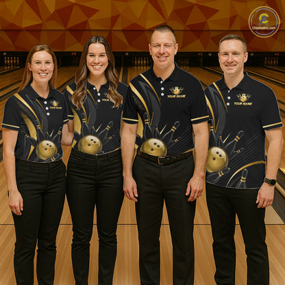 Four people in matching bowling shirts on a bowling alley.