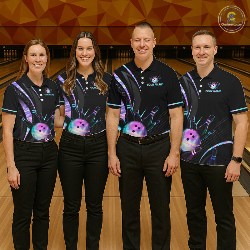 Custom Black and Holographic Bowling Jersey for Men Bowling Team Shirts Bowling League HNT395