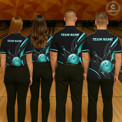 Four people wearing black bowling shirts with blue graphics and 'Team Name' text on a bowling alley background.