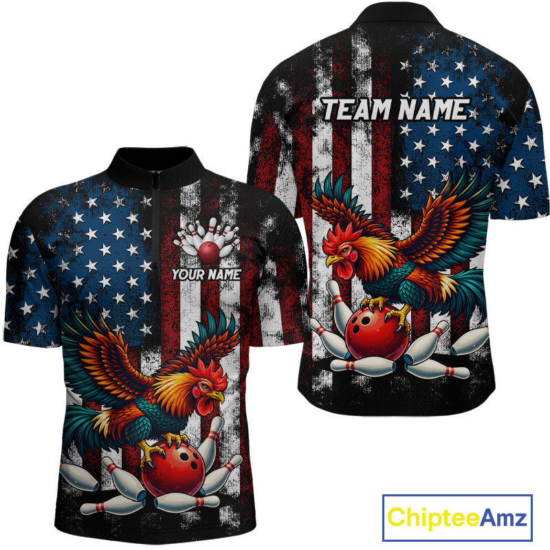 Custom Rooster US Flag Bowling Jersey for Men Bowling Team Shirts Bowling Polo & 1/4 Zip HNT259
