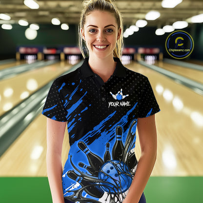 Custom Blue Bowling Jerseys For Women, Personalized Bowling Team Shirts Bowling Pin And Ball HNT283