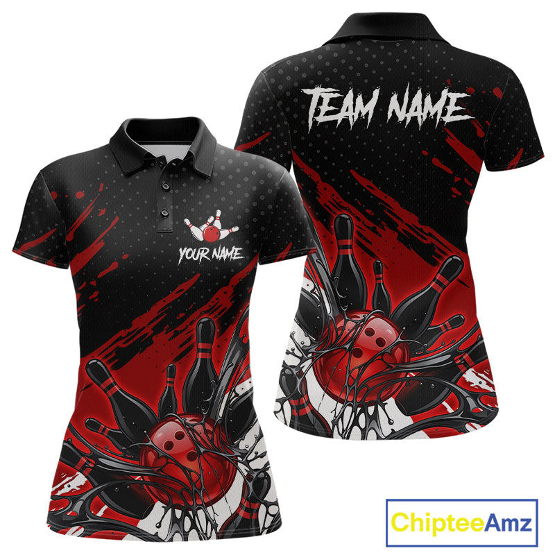 Custom Red Bowling Jerseys For Women, Personalized Bowling Team Shirts Bowling Pin And Ball HNT283