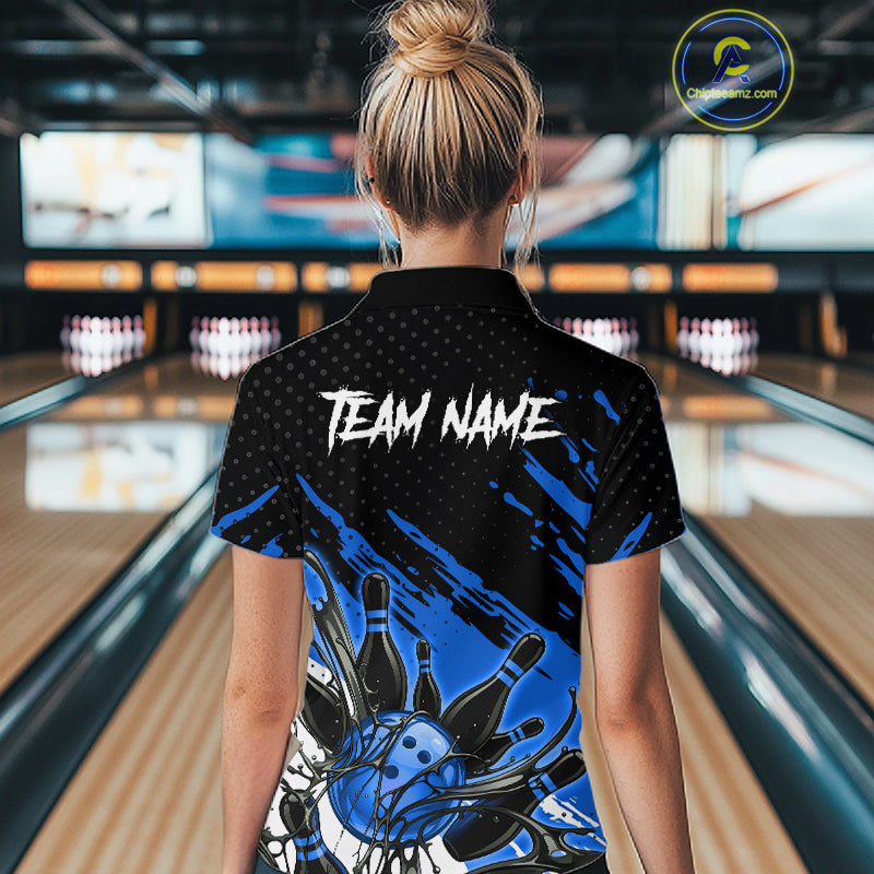 Custom Blue Bowling Jerseys For Women, Personalized Bowling Team Shirts Bowling Pin And Ball HNT283