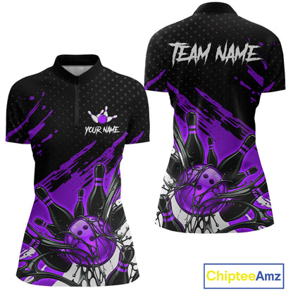 Custom Purple Bowling Jerseys For Women, Personalized Bowling Team Shirts Bowling Pin And Ball HNT283