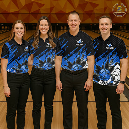 Custom Blue Bowling Jerseys For Women, Personalized Bowling Team Shirts Bowling Pin And Ball HNT283