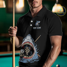 Load image into Gallery viewer, Person wearing a black polo shirt with a shark and skull design, holding a pool cue in a billiards setting.