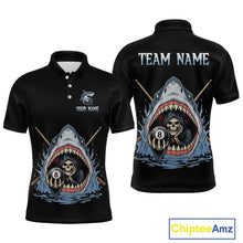 Load image into Gallery viewer, Black polo shirt with shark and skull design on front and back, customizable text, Chiptee Amz brand visible.