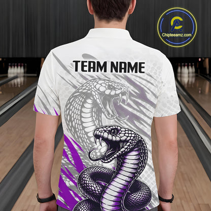 Person wearing a bowling shirt with snake design and 'TEAM NAME' text in a bowling alley.