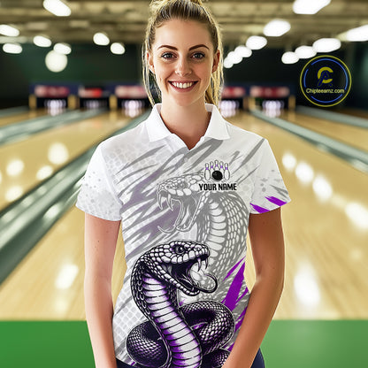 Woman wearing a bowling shirt with snake design in a bowling alley