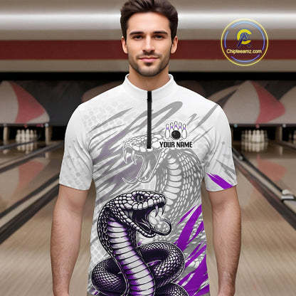 Man wearing a bowling shirt with snake design in a bowling alley