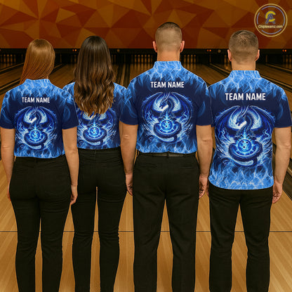 Custom Blue Dragon Flame Bowling Jersey for Men Bowling Team Shirts Bowling Polo & 1/4 Zip HNT189