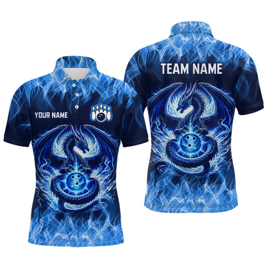 Custom Blue Dragon Flame Bowling Jersey for Men Bowling Team Shirts Bowling Polo & 1/4 Zip HNT189